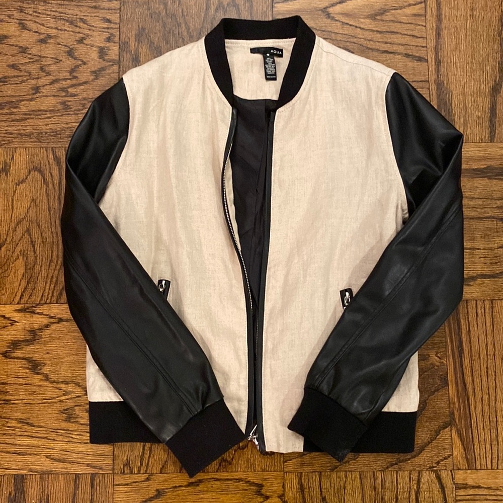 Aqua Leather Sleeve Moto Jacket